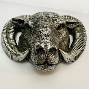 Ram’s Head Bighorn Sheep Ornament Silver Toned 3.5” x 3.5”